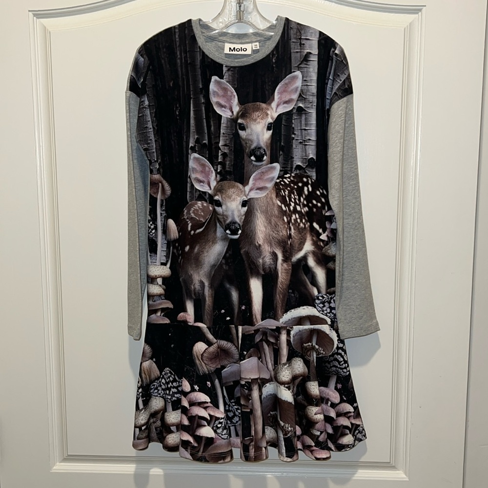 Molo gray deer print long sleeve dress. Sz 11/12